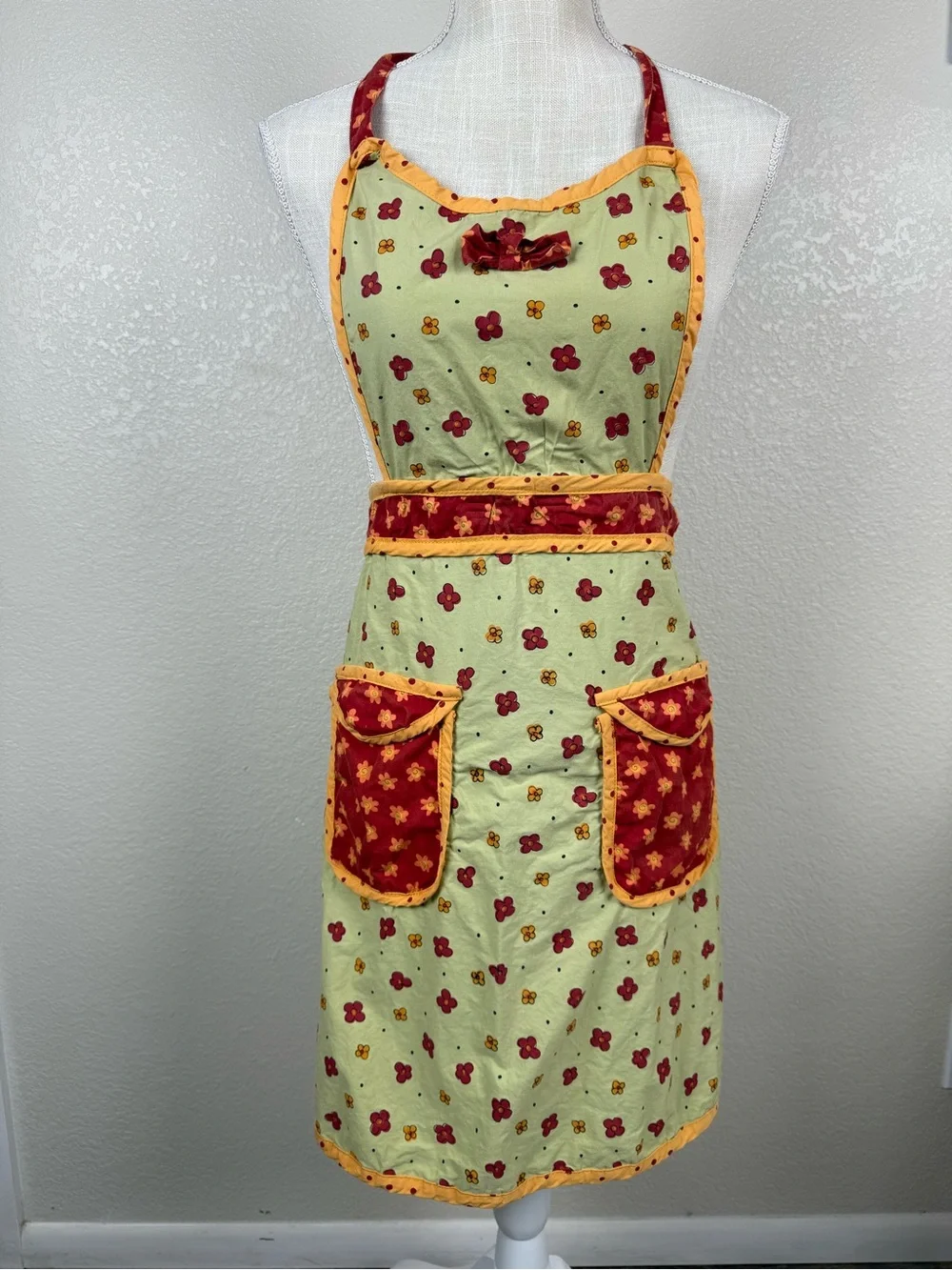 Yellow Floral Apron Dress with Red Accents